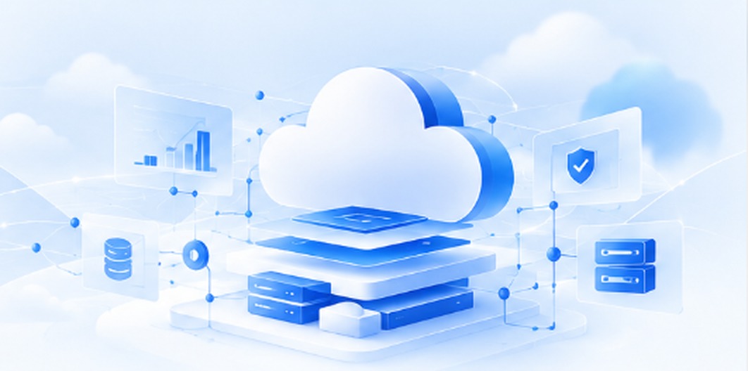 Cloud and server illustration with analytics, security and automation panels